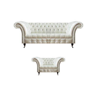 Moderne Chesterfield Weiße Stoffcouch Exklusiver Wohnzimmer Sessel 2tlg