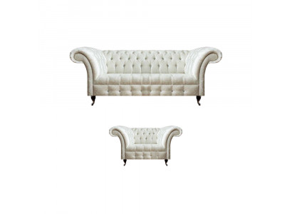 Moderne Chesterfield Weiße Stoffcouch Exklusiver Wohnzimmer Sessel 2tlg