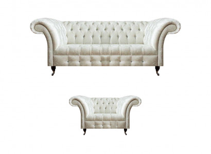Moderne Chesterfield Weiße Stoffcouch Exklusiver Wohnzimmer Sessel 2tlg