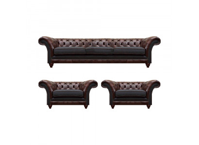 Braun-Graue Chesterfield Sitzgarnitur 2x Ledersessel Dreisitzer 3tlg Set