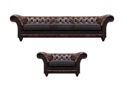 Chesterfield Braune Ledersofa Garnitur Dreisitzer Edler Polster Sessel