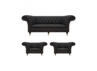 Moderne Chesterfield Schwarze Garnitur Designer 2x Textilsessel 3-Sitzer