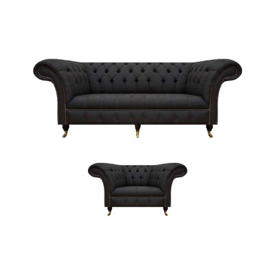 Chesterfield Schwarze Stoffgarnitur Designer 3-Sitzer Polstersessel 2tlg