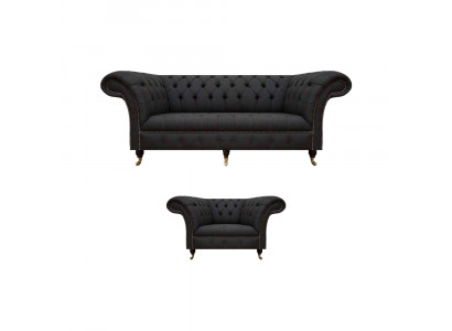 Chesterfield Schwarze Stoffgarnitur Designer 3-Sitzer Polstersessel 2tlg