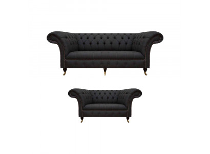 Komplett Schwarze Chesterfield Garnitur Designer Dreisitzer Moderner 2-er