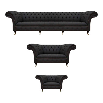 Komplette Schwarze Chesterfield Sitzgarnitur Designer Zweisitzer Sessel