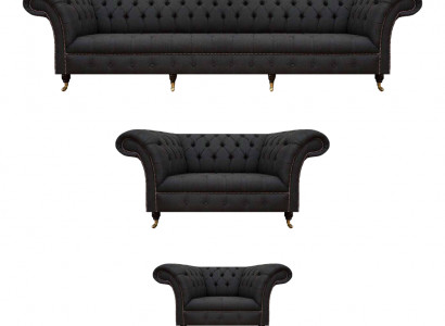 Komplette Schwarze Chesterfield Sitzgarnitur Designer Zweisitzer Sessel