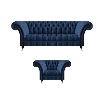 Dunkelblaue Wohnzimmer 3-Sitzer Couch Designer Lehnsessel Edler 2tlg Set
