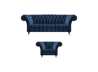 Dunkelblaue Wohnzimmer 3-Sitzer Couch Designer Lehnsessel Edler 2tlg Set