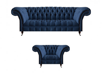 Dunkelblaue Wohnzimmer 3-Sitzer Couch Designer Lehnsessel Edler 2tlg Set