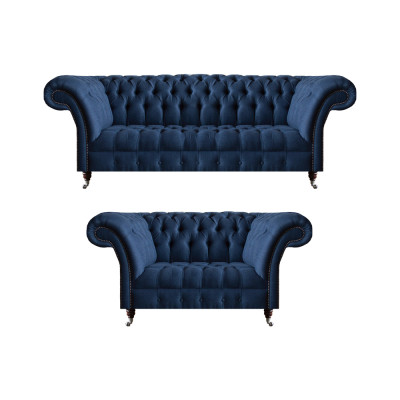 Blaue Sofagarnitur Chesterfield Textil Couchen Dreisitzer Zweisitzer 2tlg
