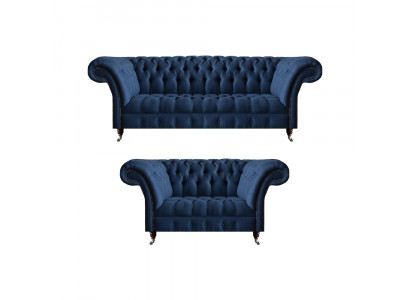 Blaue Sofagarnitur Chesterfield Textil Couchen Dreisitzer Zweisitzer 2tlg