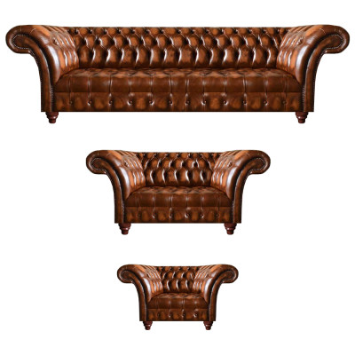 Chesterfield Braune Ledergarnitur Wohnyimmer Sitzsofas Ledercouchen 3tlg