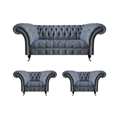 Chesterfield Garnitur Graue Polster Sitzmöbel 2x Lehnsessel Dreisitzer