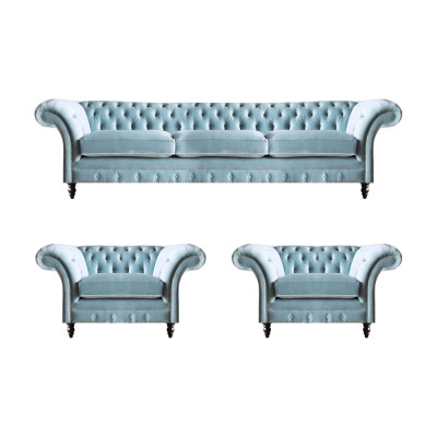 Chesterfield Polster Sitzmöbel Blaue Sofagarnitur 3-Sitzer 2x Sessel