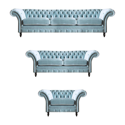 Luxuriöse Blaue Chesterfield Polster Garnitur Dreisitzer Lehnsessel 3tlg