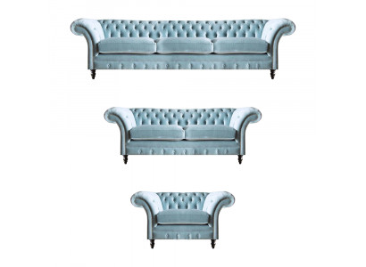 Luxuriöse Blaue Chesterfield Polster Garnitur Dreisitzer Lehnsessel 3tlg