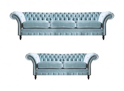 Stilvolle Hellblaue Chesterfield Designer Garnitur Dreisitzer 2-Sitzer