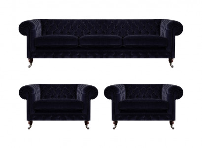 Blaue Chesterfield Couchgarnitur Designer 3-Sitzer 2x Polstersessel 3tlg