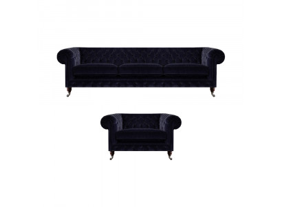 Luxuriöse Chesterfield Sofas Dunkelblauer Textil Dreisitzer Edler Sessel