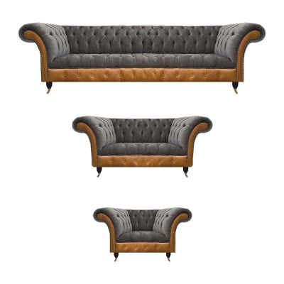 Grau-Braune Chesterfield Sitzgarnitur Polstersofas Textil Couchen 3tlg