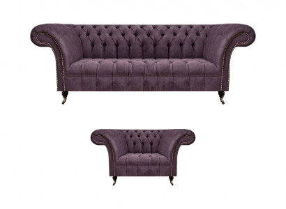 Chesterfield Lila Wohnzimmer Couchgarnitur Edler 3-Sitzer Textil Sessel