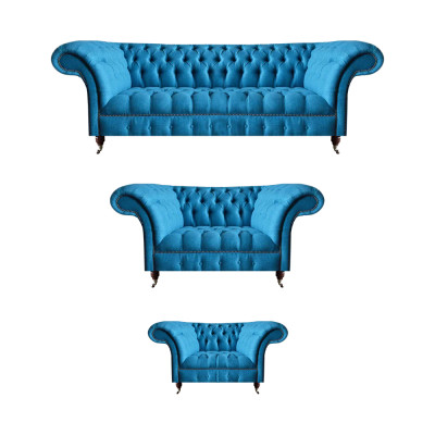 Chesterfield Hellblaue Designer Sitzmöbel Edler 3-Sitzer Zweisitzer 3tlg