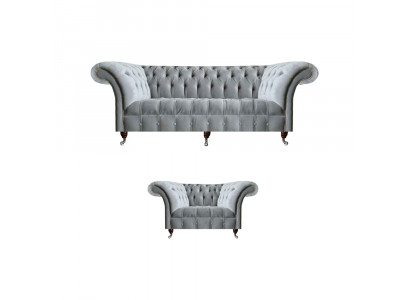 Komplette Graue Chesterfield Sitzmöbel Edler Lenhsessel 3-Sitzer Couch