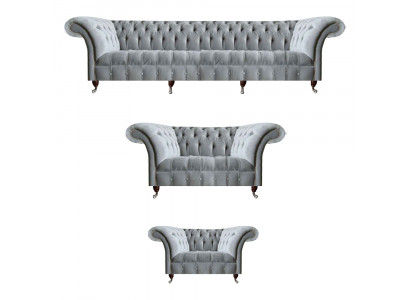 Hellgraue Wohnzimmer Chesterfield Sofas Sessel 2-Sitzer Viersitzer 3tlg