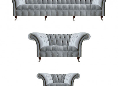 Hellgraue Wohnzimmer Chesterfield Sofas Sessel 2-Sitzer Viersitzer 3tlg