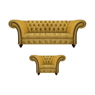 Luxuriöse Chesterfield Gelbe Couch Textil Sessel Moderner 3-Sitzer 2tlg