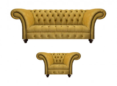 Luxuriöse Chesterfield Gelbe Couch Textil Sessel Moderner 3-Sitzer 2tlg