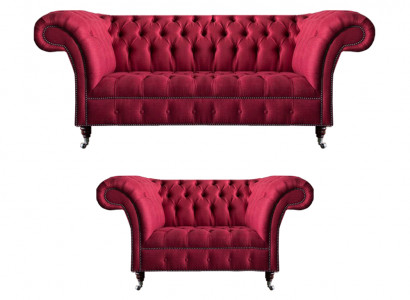 Rosa Chesterfield 3-Sitzer Stilvoller Zweisitzer Wohnzimmer Textil Set