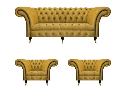 Chesterfield Gelbe Sitzgarnitur Designer Dreisitzer Edle Lehnsessel 3tlg