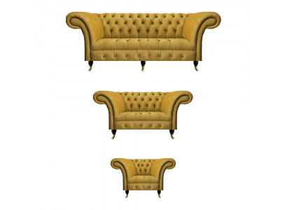 Edle Gelbe Chesterfield  Garnitur Polstermöbel Textil Couchen 3tlg Set