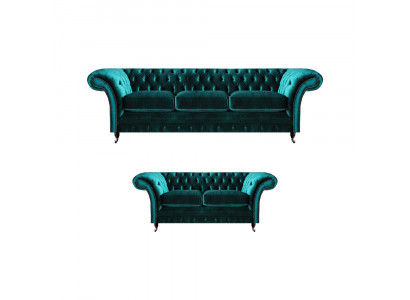 Grüne Chesterfield Polstersofas Wohnzimmer 2x Sofas Zweisitzer 3-Sitzer
