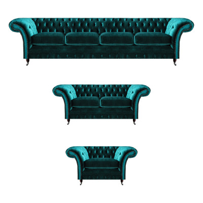 Grüne Chesterfield Textil Garnitur Wohnzimmer Designer Sofa Set 3tlg