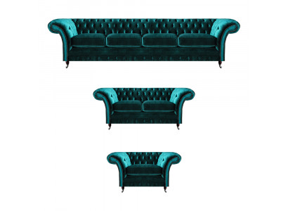 Grüne Chesterfield Textil Garnitur Wohnzimmer Designer Sofa Set 3tlg