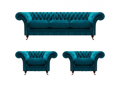 Chesterfield Blaue Couchen Polstersofas Wohnzimmer Textil Sitzmöbel 3tlg