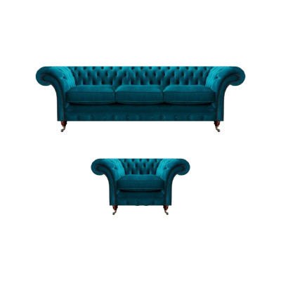 Hellblaue Chesterfield Polstergarnitur Designer 3-Sitzer Sofa Sessel