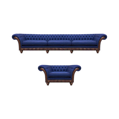 Blaue Chesterfield Polstermöbel Designer 3-Sitzer Sofa Stoffsessel 2tlg