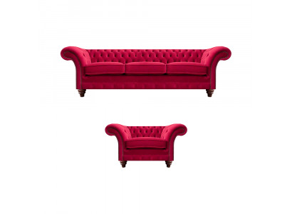 Chesterfield Rote Couchgarnitur Edler Textilsessel Polster Dreisitzer