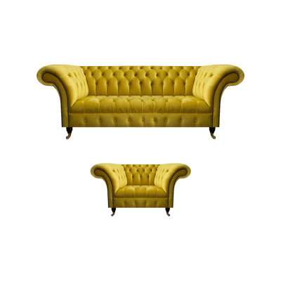 Moderne Gelbe Chesterfield Polstergarnitur Edler 3-Sitzer Textilsessel