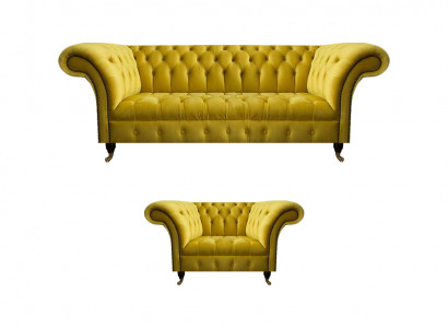 Moderne Gelbe Chesterfield Polstergarnitur Edler 3-Sitzer Textilsessel