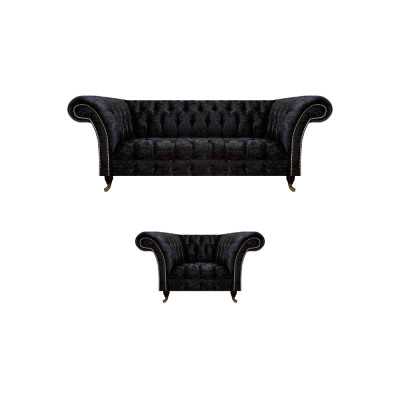 Chesterfield Schwarze Polstermöbel Designer Wohnzimmer Couch Sessel 2tlg