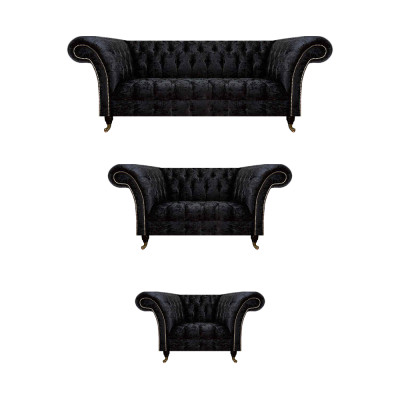 Schwarze Textil Chesterfield Garnitur Edler Dreisitzer Lehnsessel 3tlg