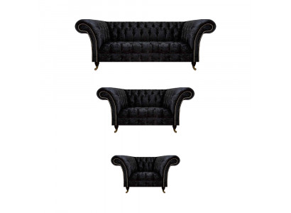 Schwarze Textil Chesterfield Garnitur Edler Dreisitzer Lehnsessel 3tlg