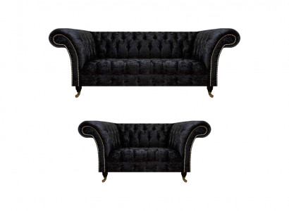 Luxuriöse Chesterfield Schwarze Textil Sitzgarnitur Wohnzimmer Möbel
