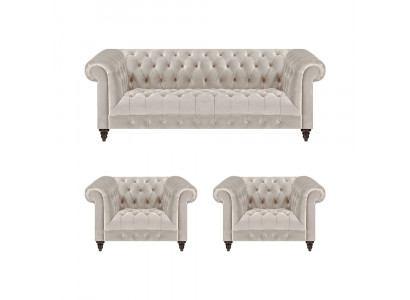 Stilvolle Chesterfield Couchgarnitur Moderne Textilcouch 2x Lehnsessel
