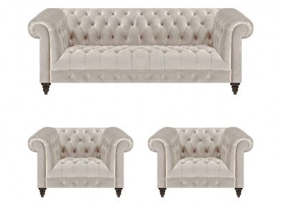 Stilvolle Chesterfield Couchgarnitur Moderne Textilcouch 2x Lehnsessel